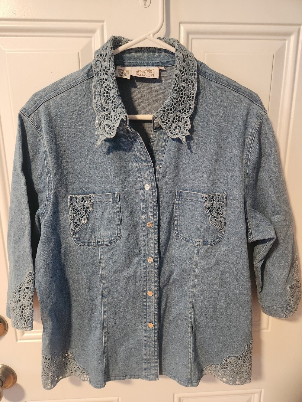 Vintage Variations Embellished Light Wash Denim Shirt with Crochet Collar